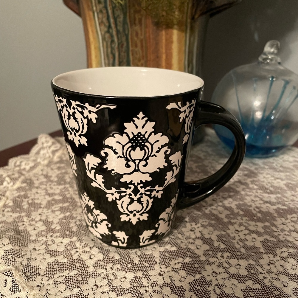 Pier 1 imports handpainted black & white damask stoneware coffee cup